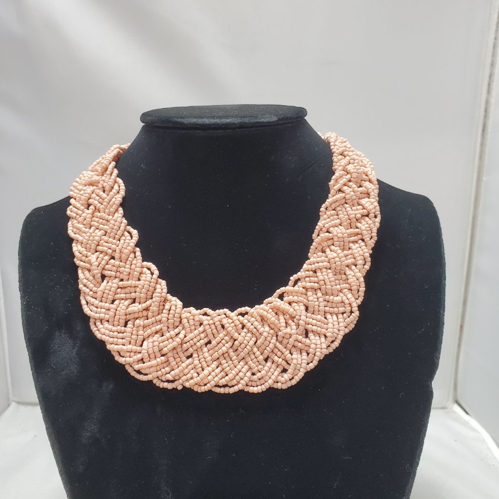Signature coral pink braided seed bead Bohemian necklace